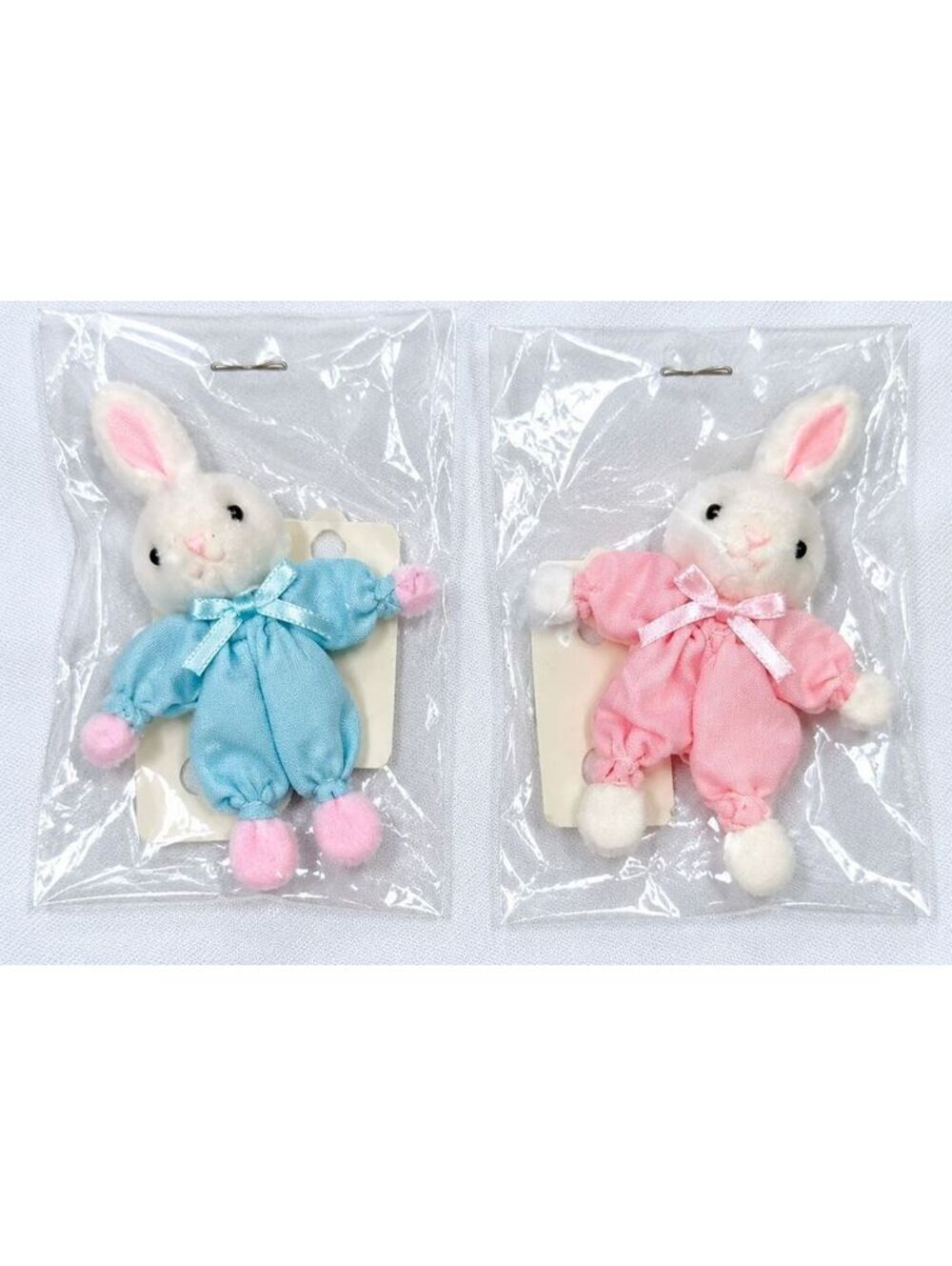 Vintage Mini Plush Bunny Rabbit Pair Pink Blue Pajamas New Old Stock